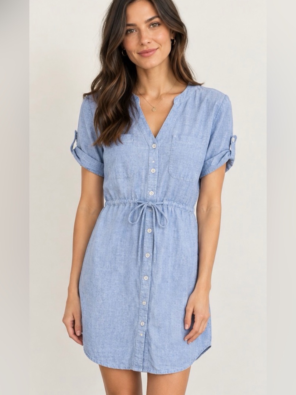 Revolve John + Jenn Linen Button-Front Mini Dress with Tie Waist Preppy Chambray
